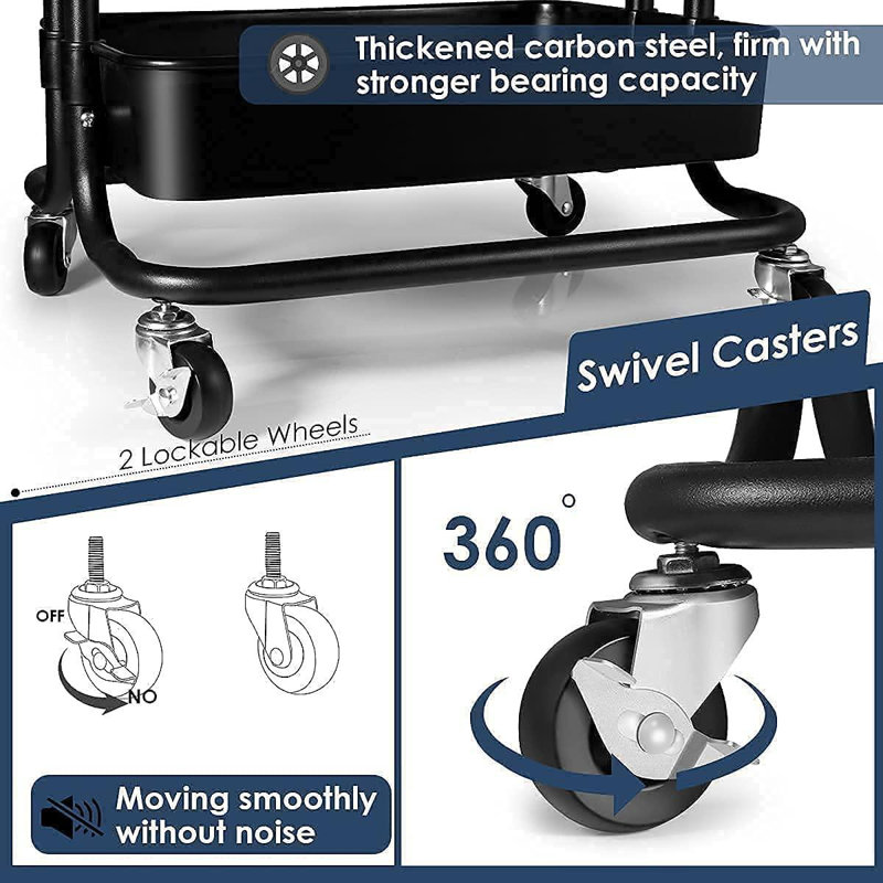 Black 3-Tier Metal Rolling Utility Cart with Casters