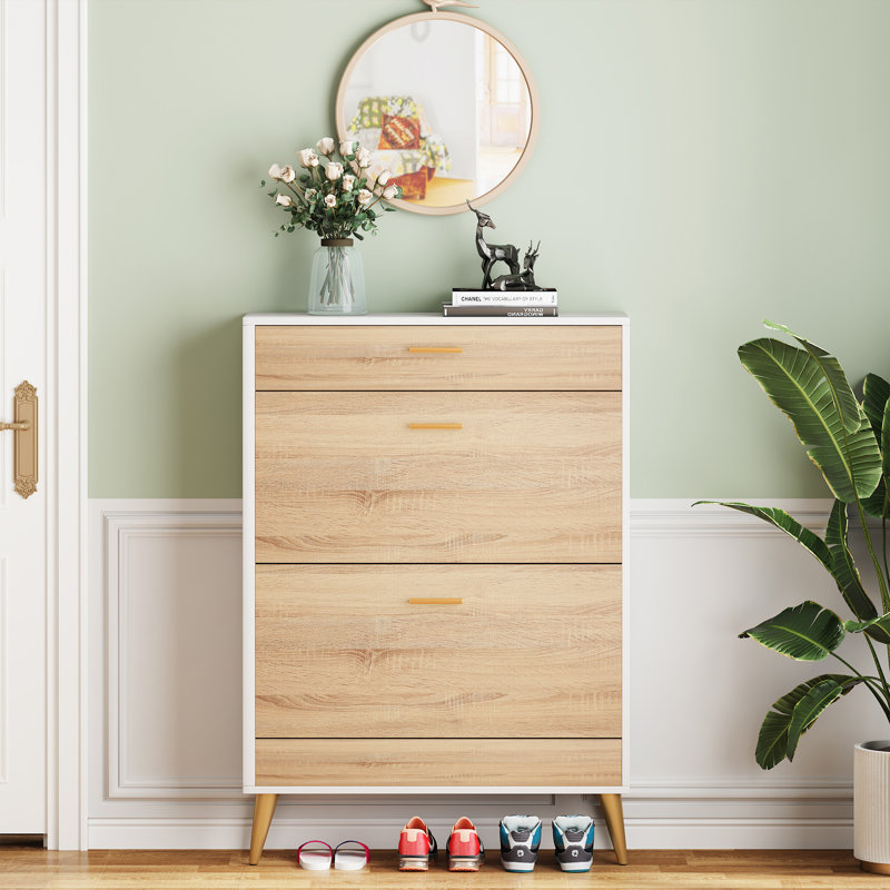 16 Pair Shoe Storage Cabinet, Natural Wood/White/Gold
