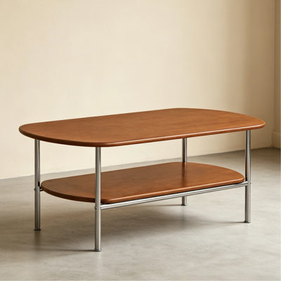 Modern Bauhaus Coffee Table with Open Shelf, Solid Wood Top & Chrome Tubular Steel Frame
