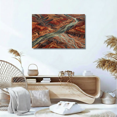 Pointillist Style Winding River Through Red Canyon Landscape Canvas Wall Art