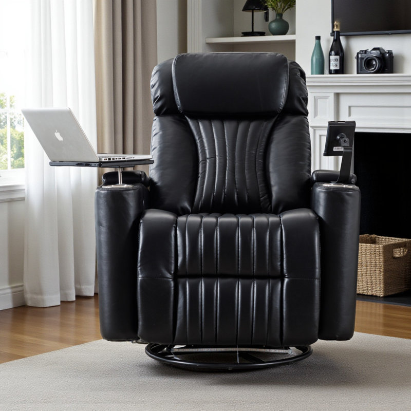 Fauteuil inclinable pivotant électrique à 270 ° Finnegan avec DEL et rangement caché, Cuir PU noir