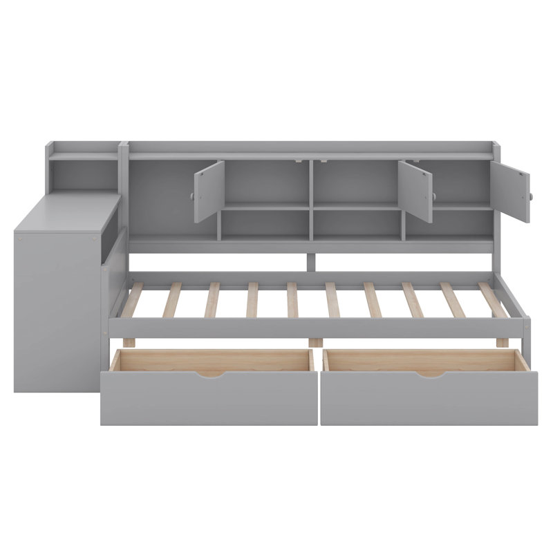 Daybed With Storage Drawers & Bookcase, Wood Corner Bed With Study Desk And Storage, L Shaped Bed, Twin