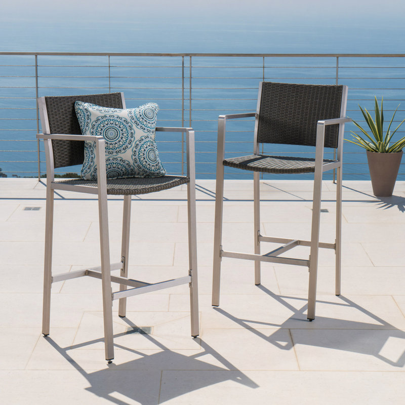 Tabourets de bar d'extérieur en aluminium antirouille 29,50 po avec siège et dossier en rotin Pe, ensemble de 2