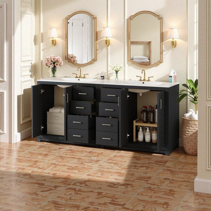 Meuble-lavabo double 72 po avec lavabo en céramique et 6 tiroirs avec portes à fermeture en douceur, Noir