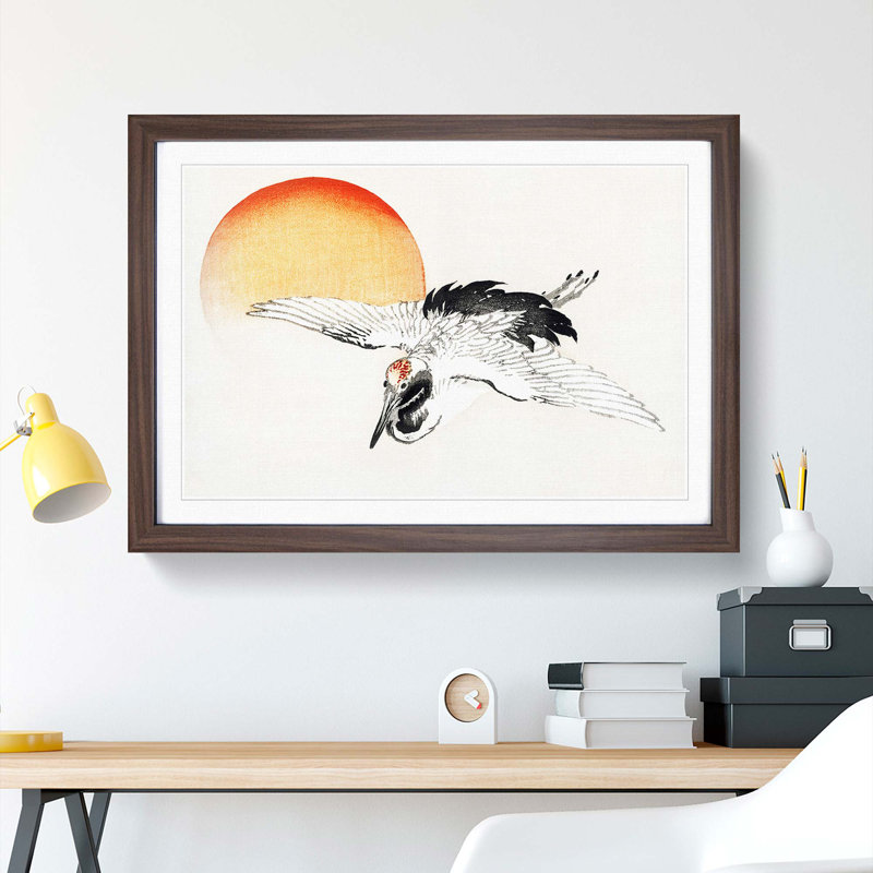 Bird Flying During Sunset by Kono Bairei - Single Picture Frame Painting, 24cm H x 33cm W x 2cm D, Walnut Framed