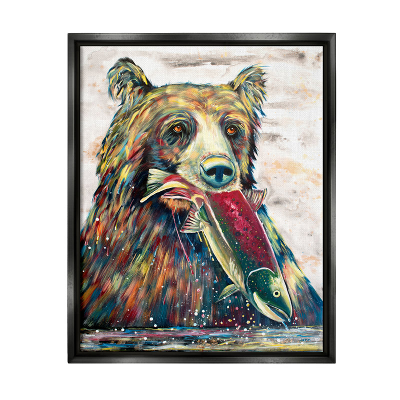 Ours et poisson - Éclaboussure de faune moderne - peinture, H 21 po x l 17 po x P 1,7 po, Toile avec cadre flottant noir