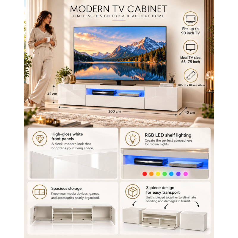 Woodvale 200cm TV Stand Cabinet with Lights for up to 90" TV's, White
