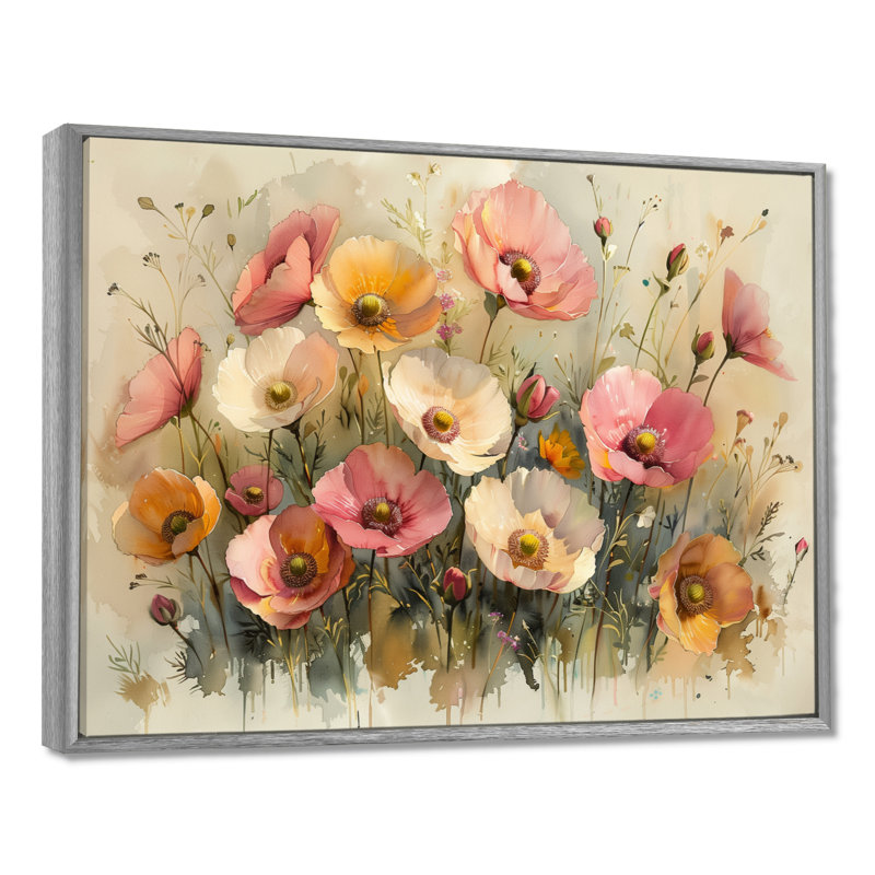 Décoration murale rose bouton d'or rose et blanc - Bouton d'or, Toile argentée avec cadre flottant