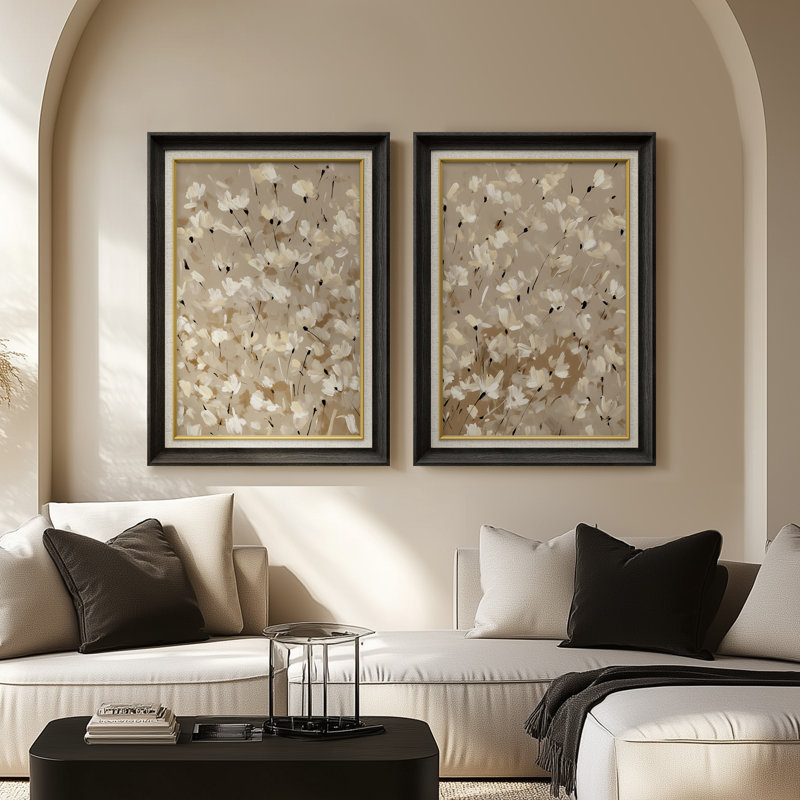 Light Floral Cluster Soft Delicate - Set of 2 Premium Framed Wall Art Print on Paper 26"x36", Black