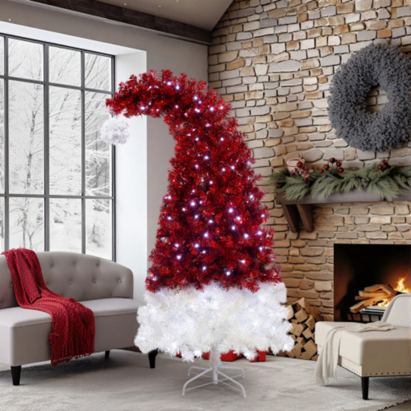 Pre-Lit Artificial Christmas Tree - LED Santa Hat Design, 1050 Tips, Whimsical Curved Xmas Tree