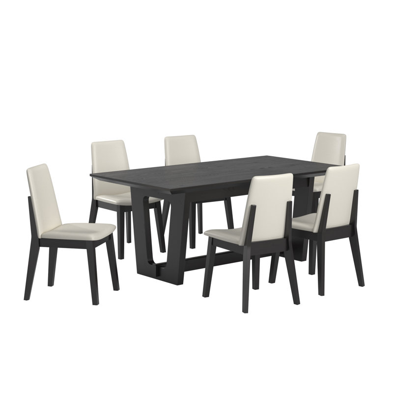 Ensemble de salle à manger rectangulaire en bois avec chaises rembourrées en cuir Vegan, Noir