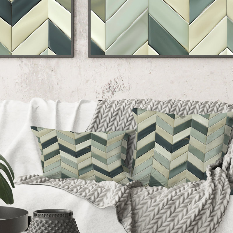Imprimé à chevrons beige et vert - Coussin décoratif moderne, 16" x 16"