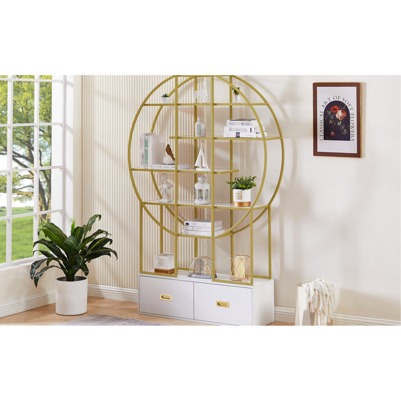 Modern 70.8 Inch Round Bookshelf With Two Drawers, Gold Trim Office Bookcase And White Tone
