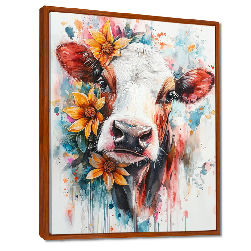 Keily Cow, peinture avec ferme, fleurs II, Brun, Impression encadrée flottante, H 20 po x l 12 po