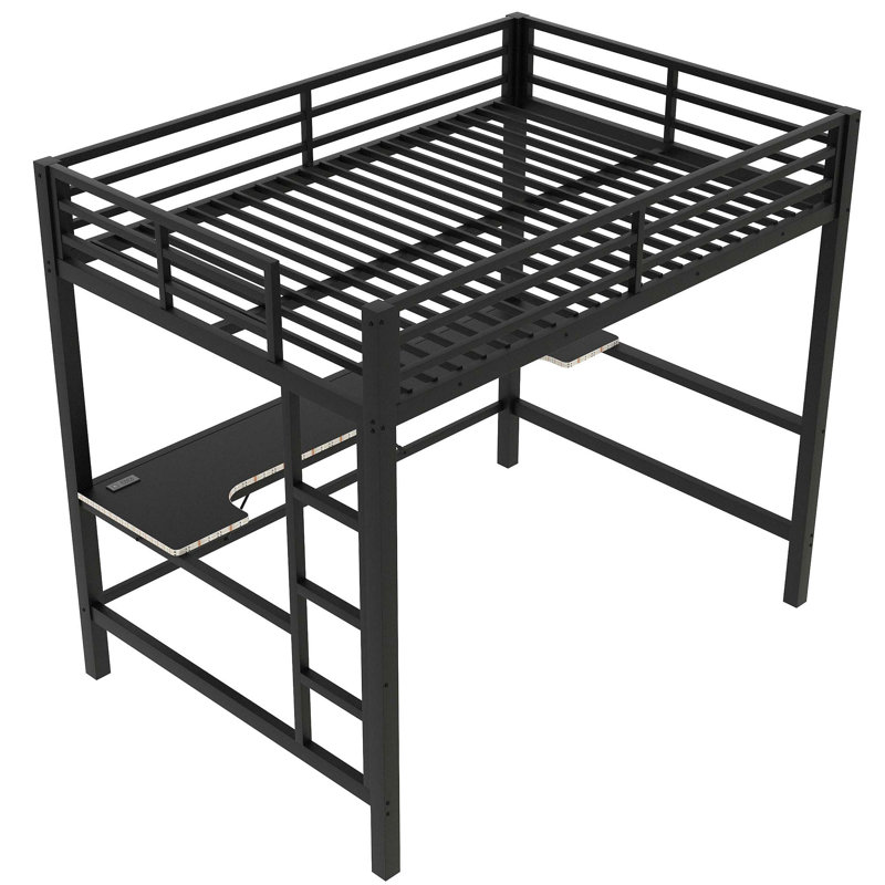 Base de lit mezzanine en métal avec lumière DEL, station de charge USB et bureau Gaming, Lit double, Noir