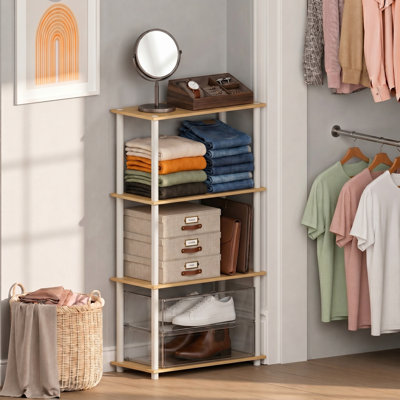 Malley Toolless Assembly 4-Tier Closet Shelf, Oak Closet Organizer, Open Shelf Closet Organizers and Storage, for Wardrobe, Living Room, Blonde Maple