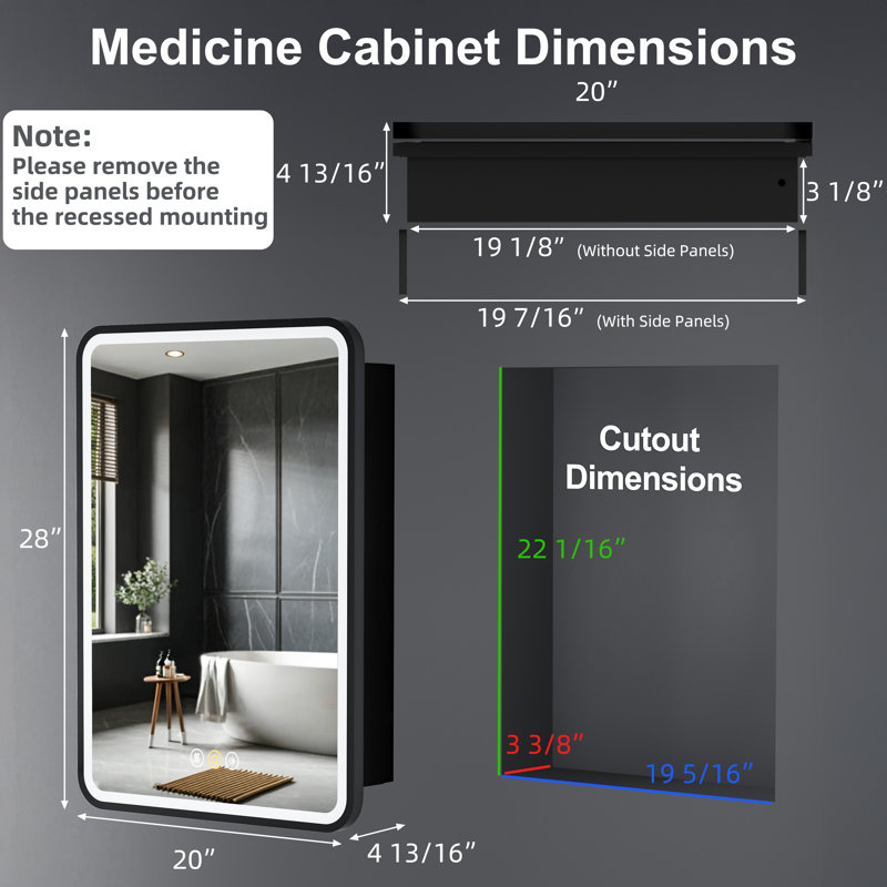 Armoire à pharmacie encastrée avec cadre en fer moderne avec miroir, l 20 po x H 28 po Fruzsina, Gauche, Noir