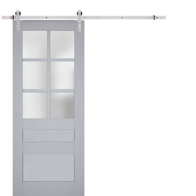 Porte de grange robuste en verre dépoli Veregio 7339 Gris mat, rail de 2 m (6,6 pi), quincaillerie robuste, porte intérieure à panneau plein - 81 cm x 203 cm (32 po x 80 po) - Rail argenté