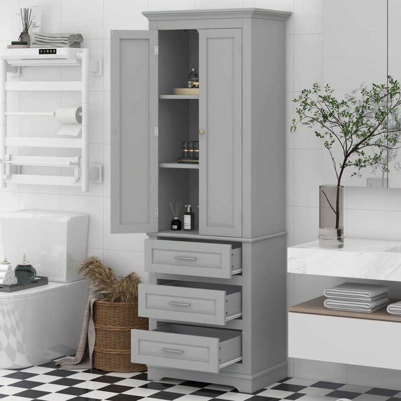 Tall Storage Cabinet With 3 Drawers, Adjustable Shelves & 2 Doors, Floor Freestanding Linen Cabinet For Bathroom, Living Room