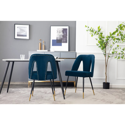 Modern Dining Chair With Velvet Upholstery In Blue And Metal Legs Details, 2Pcs Collection Upholstered Nailheads, Blue, Of 2
