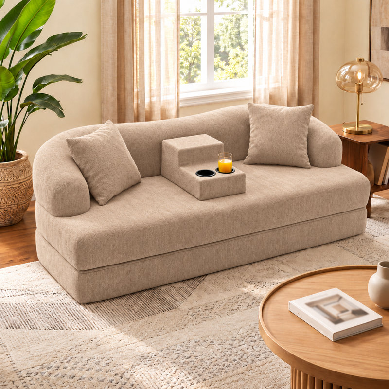 Canapé-lit convertible avec console porte-gobelets, causeuse deux places en chenille sans dossier pour salon, Beige