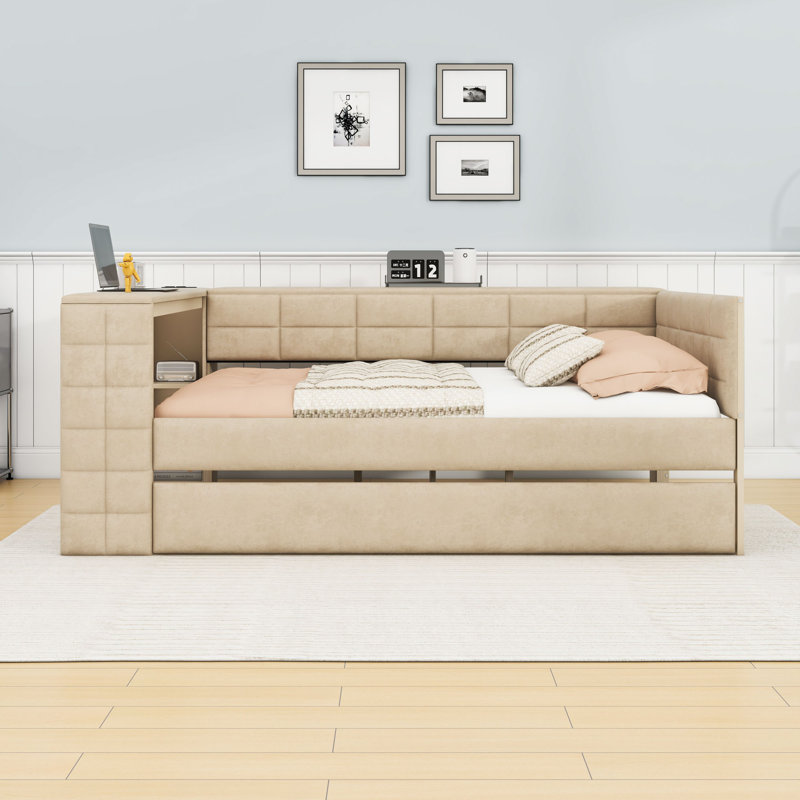 Full Size Velvet Upholstered Daybed with Built-In Twin Trundle, Desk, Shelves, Outlets and USB Ports, Beige