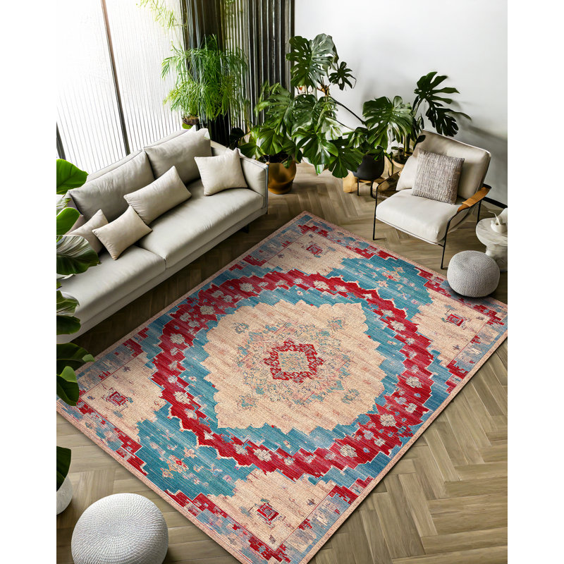 Gulustan Blue Oriental Machine Printed Cotton Polyester Area Rug, Round 3'4"
