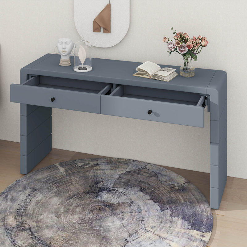 Curved Console Table With Storage, Wooden Entryway Table With 2 Drawers, Farmhouse Sofa Table, Navy