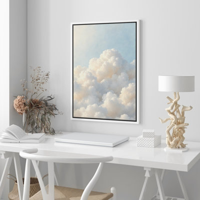Soft Cream Cloudscape With Dreamy Blue Sky Framed Canvas Master Bedroom Wall Art Work Print