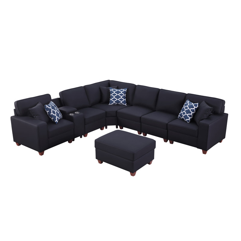 Gina Artificial Leather Modular Sectional With Ottoman And Cupholder Console, Black Faux Leather