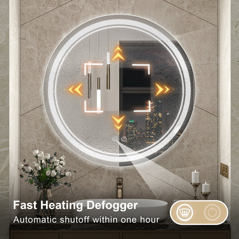 Lashonta Round Frameless Frontlit Bathroom Mirror with Stepless Brightness Adjustment, 3 Color Temperature & Defog Function