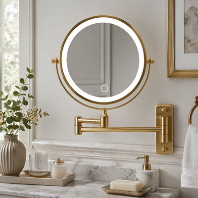 Wall Mounted Lighted Makeup Mirror with 10X Magnification, 3 Color Lights, Touch Dimmable, and 360° Rotatable Arm for Precise Beauty Applications