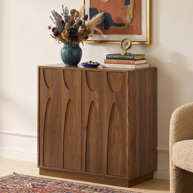 Buffet 31,5 "de largeur Mid-Century moderne avec 2 portes - Armoire de rangement en noyer avec tablette réglable - Conception à pousser - Console d'angle arrondie