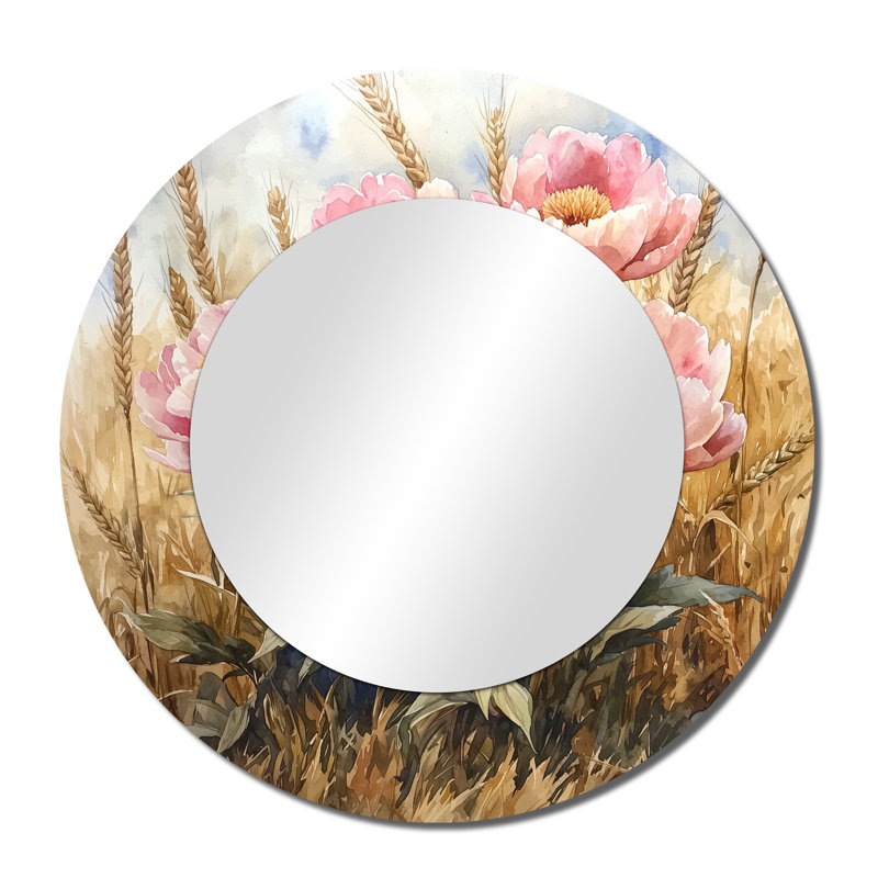 Peonies In The Wheat Field I - Floral Accent Wall Mirror - Printed On Metal, 36" x 36"