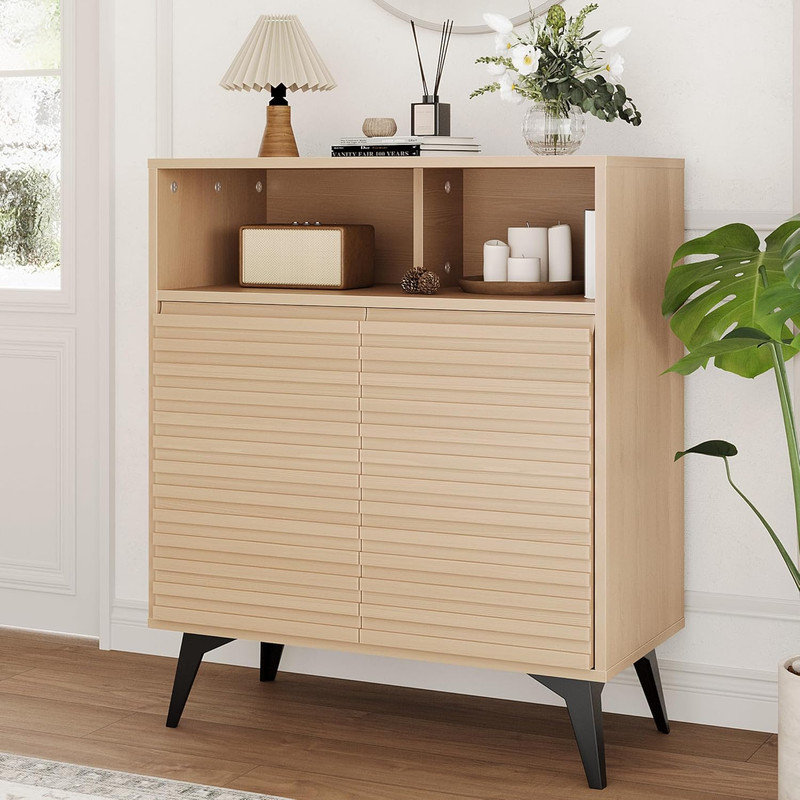 Solid Wood Single Storage Cabinet ( 85cm H x 72cm W x 35cm D), Beige