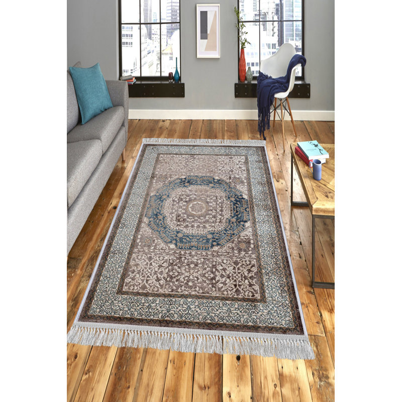 Tapis oriental gris en velours touffeté à la machine Alamosa, Tapis de couloir 3 pi 3 po x 9 pi 10 po