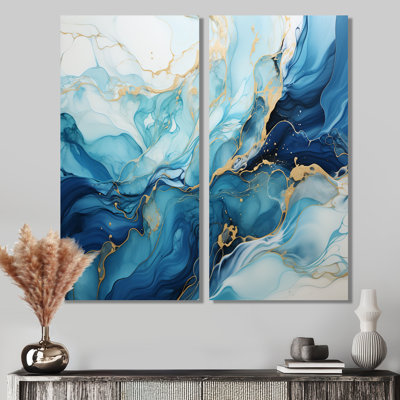 Liquide bleu et or tempête océanique - art mural bleu