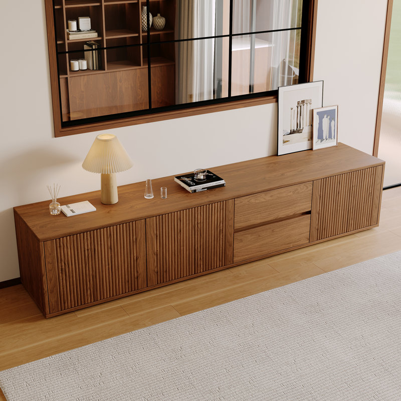78" Mid-century Modern Tv Stand With Fluted Doors, Walnut Entertainment Center With Cabinets & Drawers, Low Profile Tv Console For Tvs Up To 85"