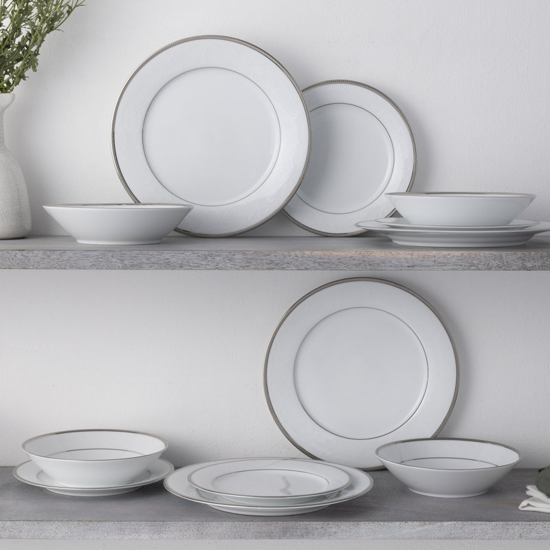 White Porcelain 12-Piece Dinnerware Set with Platinum Band