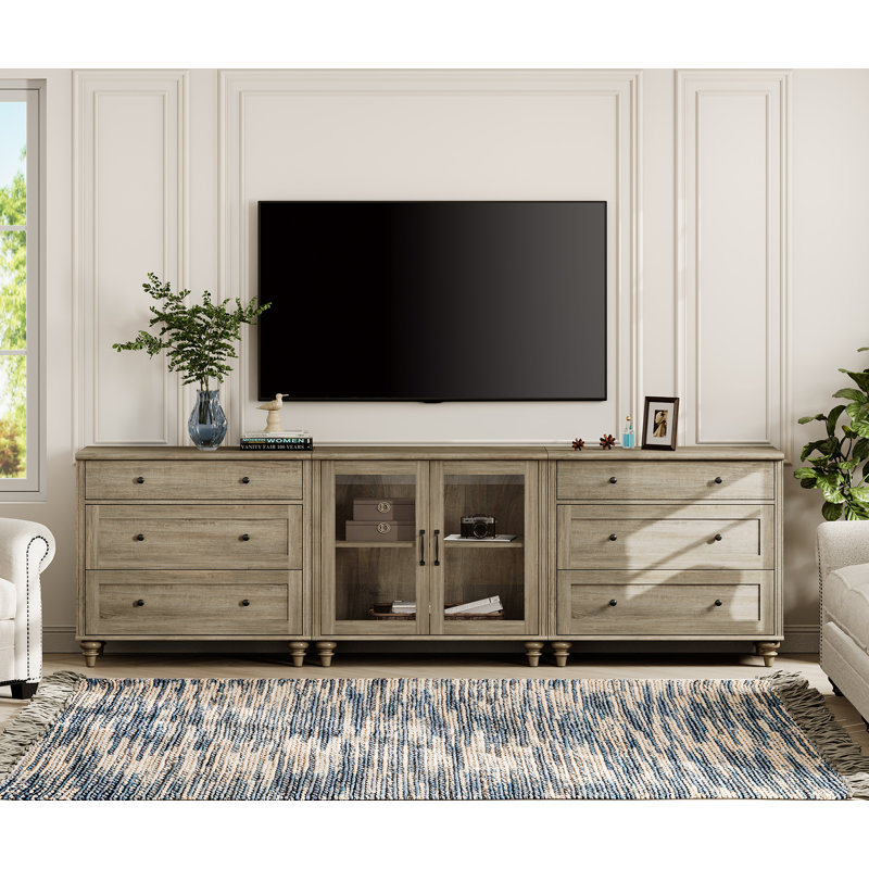 Farmhouse TV Stand, 3-In-1 TV Console Table For 75/80/85/90 Inch TV, Entertainment Center With Drawer & Glass Door, Wash Gray