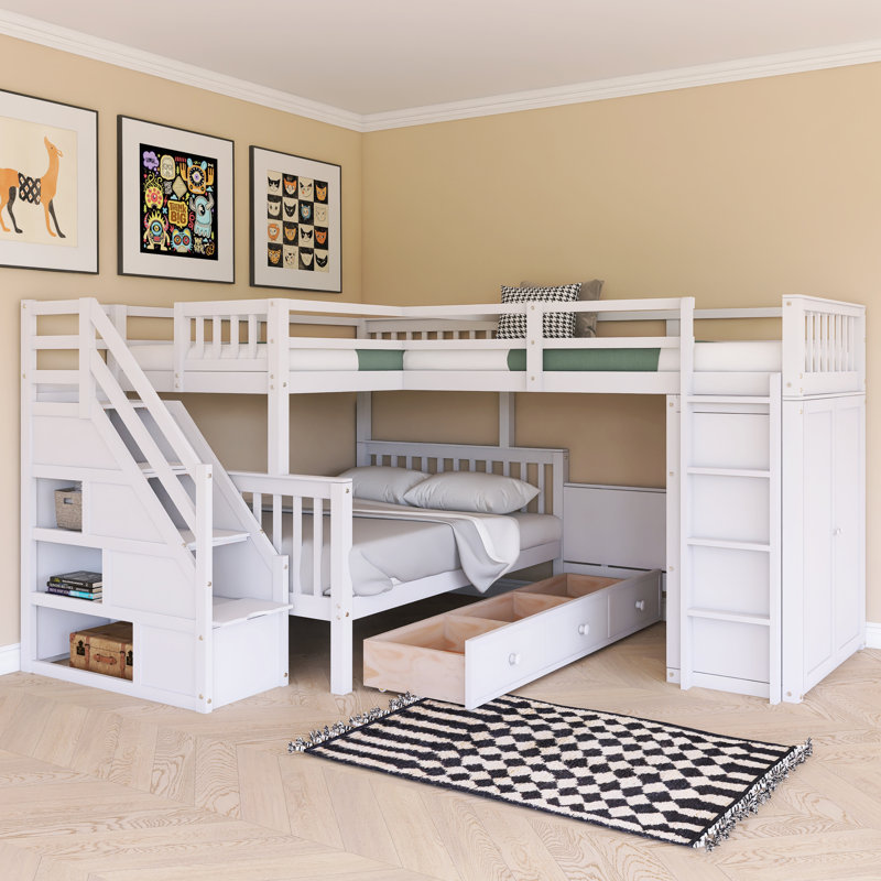 Lit superposé simple en L simple avec 3 tiroirs, bureau portatif et garde-robe, Blanc