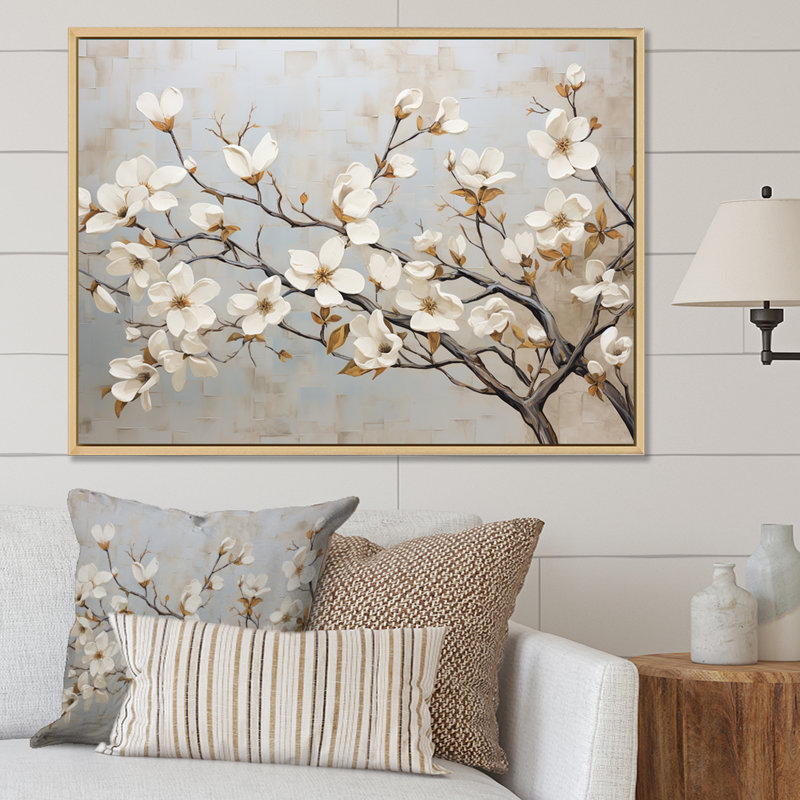 Beige blanc cornouiller Peacefulness - art mural cornouiller, H 30 po x l 40 po x P 1,5 po, Cadre flottant blanc
