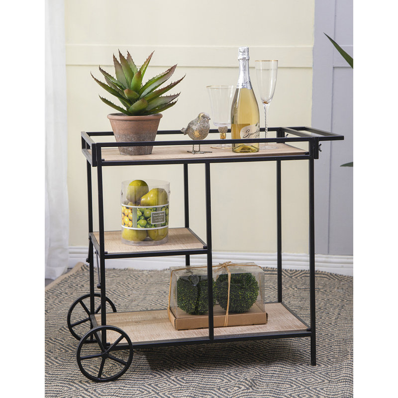 Chariot-bar 32,3 x 15,7 x 26,8 po avec structure en métal noir et trois tablettes gracieuses, choix de rangement délicieux