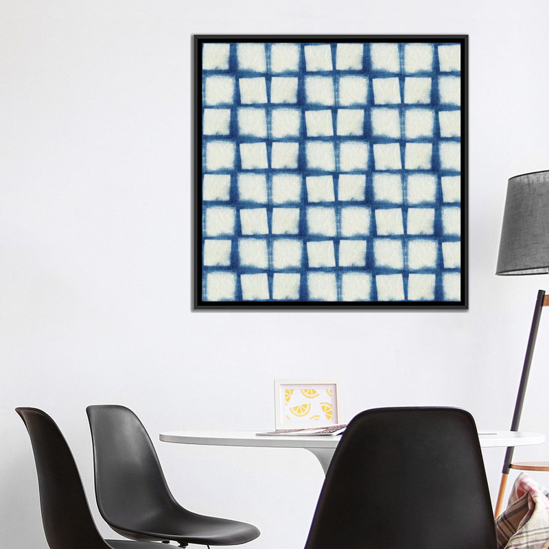 « blue shibori iv », peinture sur toile, H 26 po x l 26 po x P 1,5 po, Toile avec cadre noir, Pas de tapis