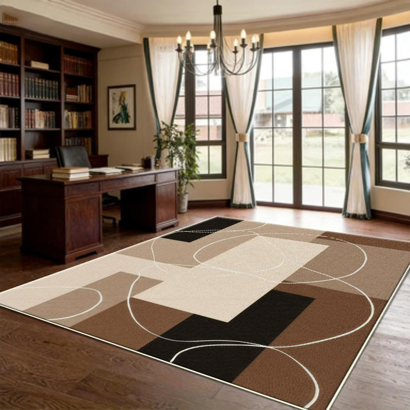 Modern neutral earth-tone geometric block abstract swirl line art rug, soft and comfortable, easy to care for, machine washable, indoor floor mat, suitable for dining room, bedroom, home office, foyer, kitchen, hallway, home decor.