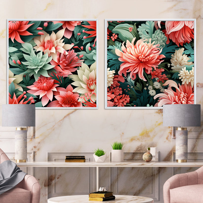 Tropic corail motif tropical - ensemble de collage carré floral de 2, Cadre flottant blanc, H 16 po x l 33 po