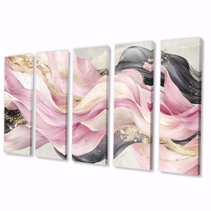 Rose et blanc captivant marbre II - ensemble d'art mural abstrait vagues modernes, H 32 po x l 80 po