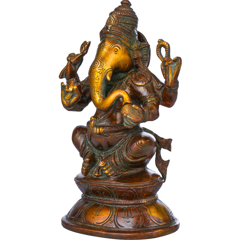 Ganesha sur base Lotus double en laiton, Rouge / brun / or