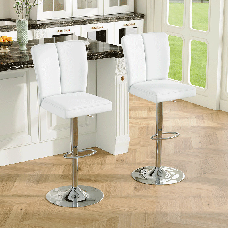 Ensemble de 2 tabourets de bar, tabourets de bar réglables à hauteur de comptoir, chaises de bar rembourrées en similicuir avec base chromée pour îlot de cuisine, tabourets de bar modernes pour bar personnel