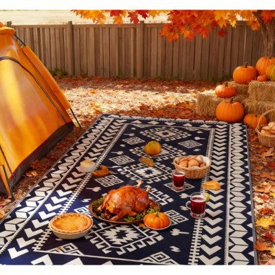 Tapis de patio portatif pour camping et escapades en plein air, réversible à double face, L 215,7 po x l 107,9 po, bleu blanc, polypropylène